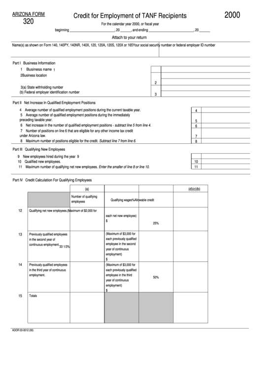 Form 320 - Credit For Employment Of Tanf Recipients - 2000 Printable pdf