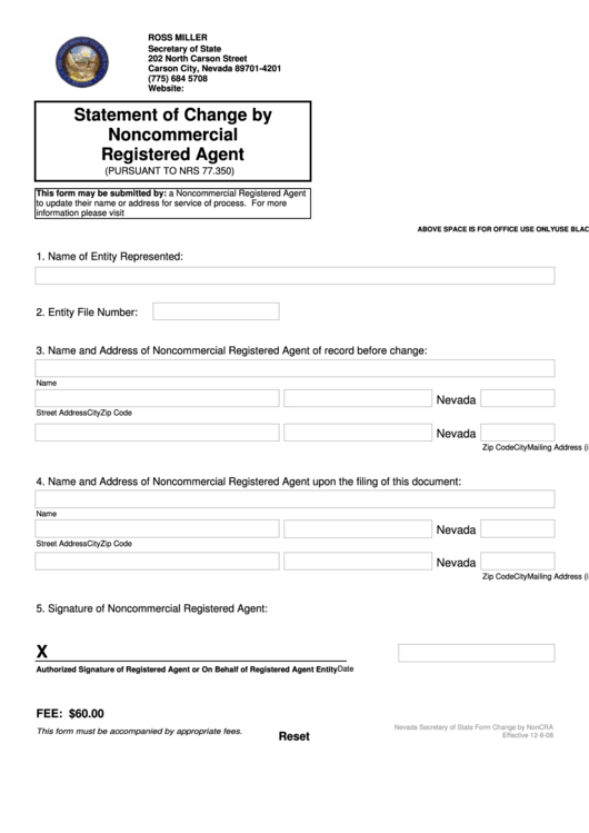 Fillable Statement Of Change By Noncommercial Registered Agent Printable pdf