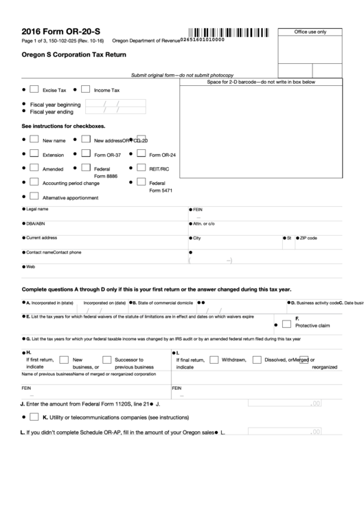 Fillable Form Or-20-S - Oregon S Corporation Tax Return - 2016 Printable pdf