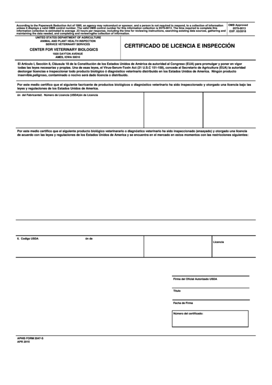 Aphis Form 2047-s - Certificado De Licencia E Inspeccion