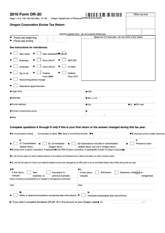 Fillable Form Or-20 - Oregon Corporation Excise Tax Return - 2016 Printable pdf