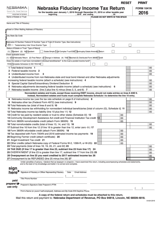 Form 1041n - Nebraska Fiduciary Income Tax Return - 2016