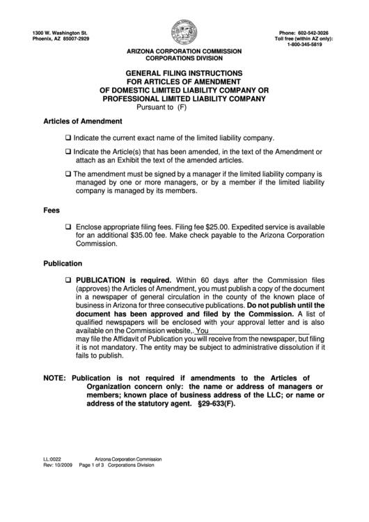 Form Ll:0022 - Articles Of Amendment - Arizona Corporation Commission Printable pdf