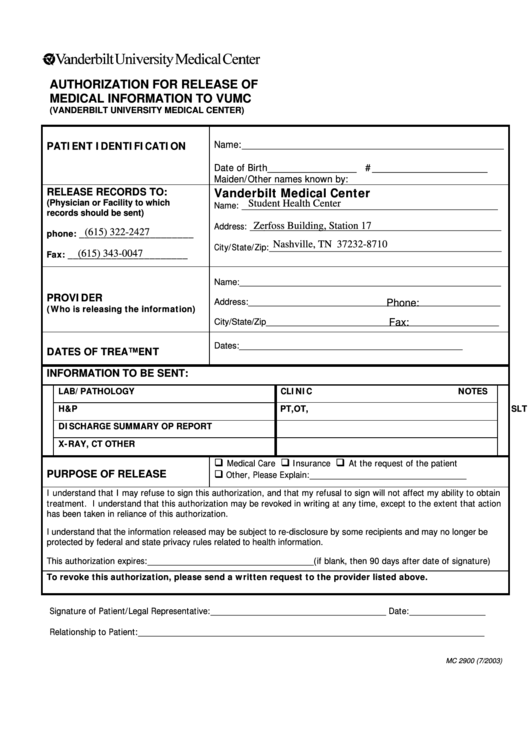 Authorization For Release Of Medical Information To Vumc - Vanderbilt University Medical Center Printable pdf