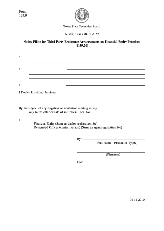 Fillable Form 133.9 - Notice Filing For Third Party Brokerage Arrangements On Financial Entity Premises (139.20) Printable pdf