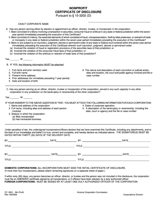 Form Cf:0001 - Nonprofit Certificate Of Disclosure Printable pdf