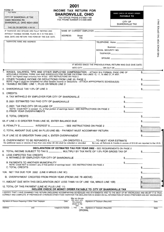 Form Ir - Income Tax Return For Sharonville, Ohio - 2001 Printable pdf