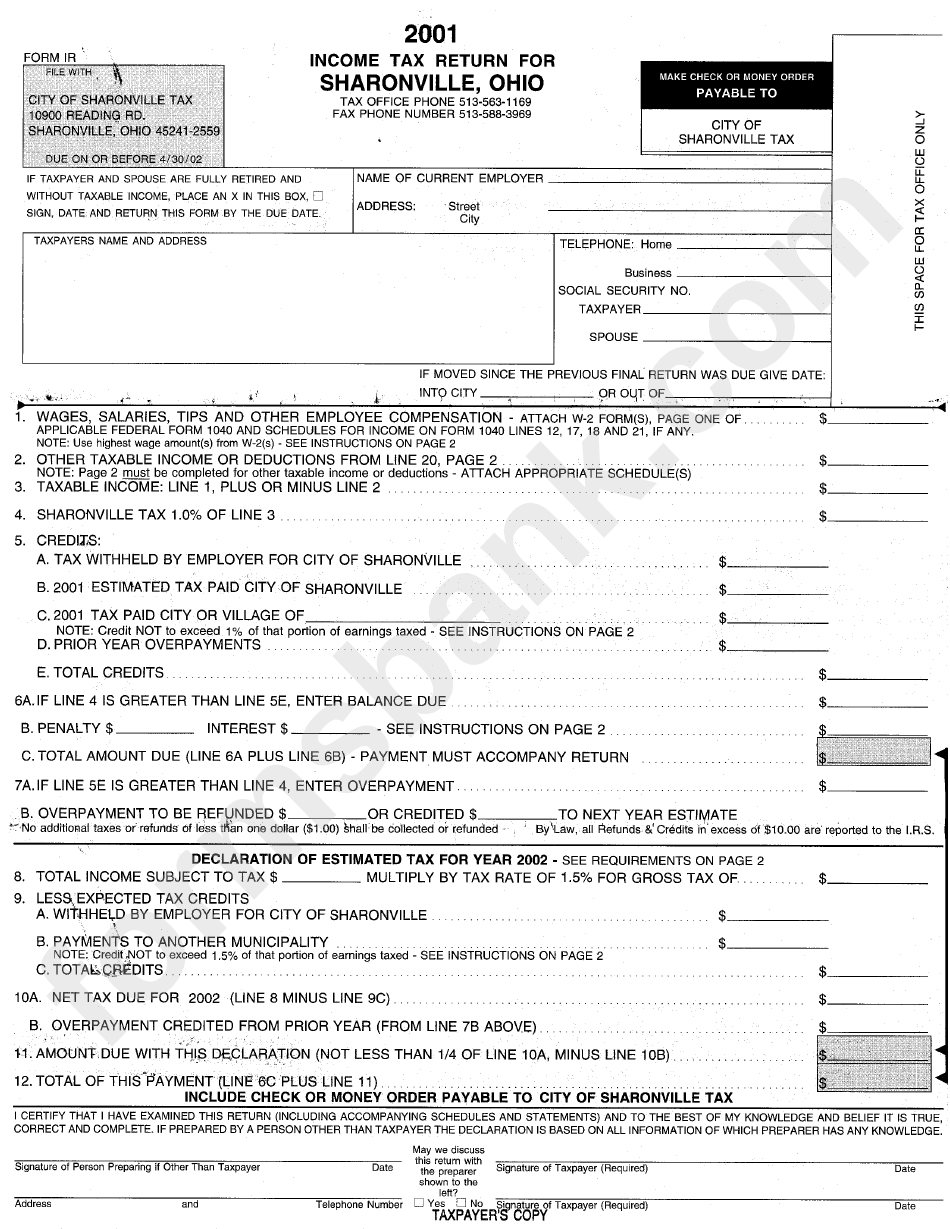 Form Ir - Income Tax Return For Sharonville, Ohio - 2001