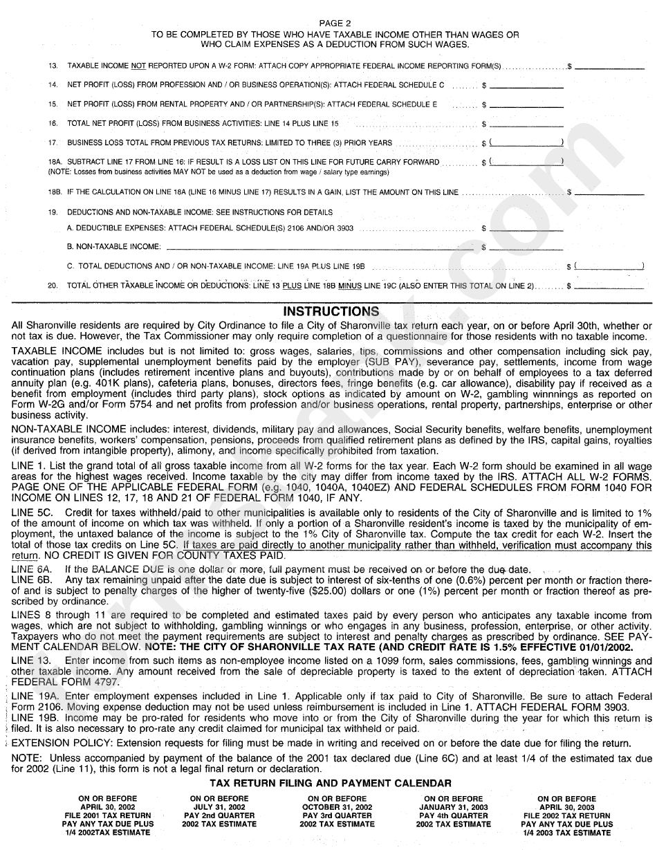 Form Ir - Income Tax Return For Sharonville, Ohio - 2001