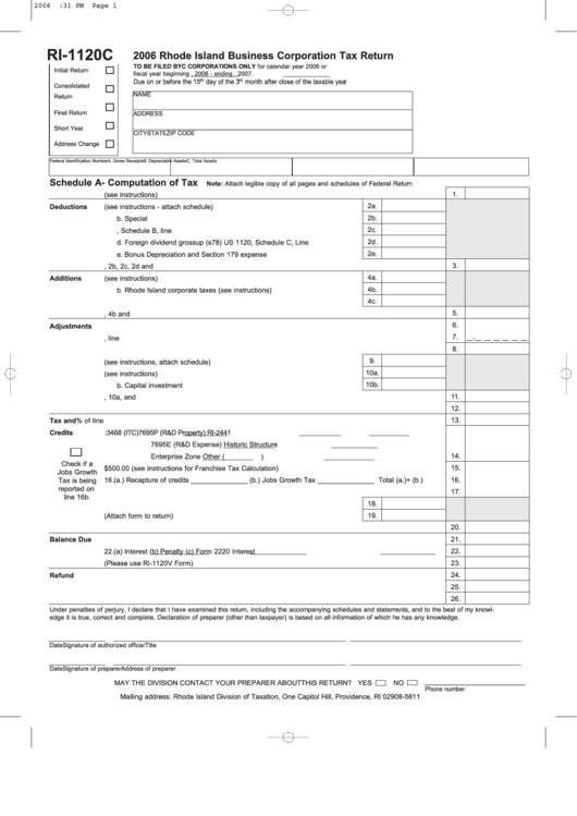 Form Ri-1120c - Rhode Island Business Corporation Tax Return - 2006 Printable pdf