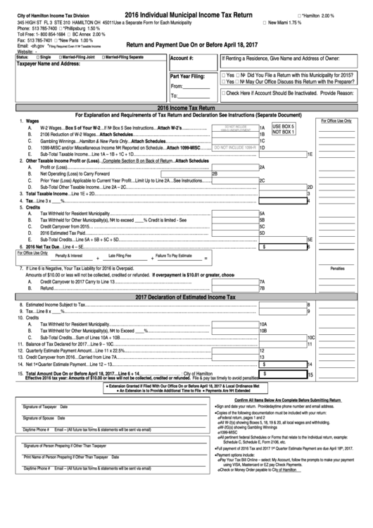 Individual Municipal Income Tax Return Form - City Of Hamilton - 2016 Printable pdf
