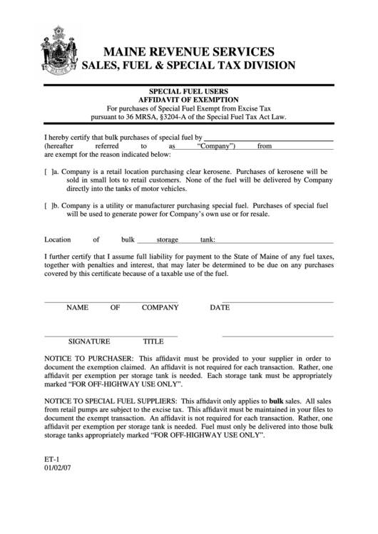 Form Et-1 - Special Fuel Users Affidavit Of Exemption Printable pdf