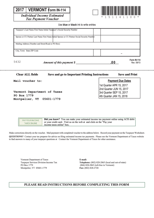 Fillable Form In-114 - Individual Income Estimated Tax Payment Voucher - 2017 Printable pdf