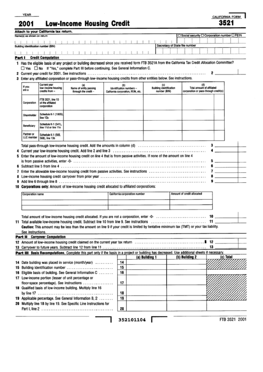 Form 3521 - Low-Income Housing Credit - 2001 Printable pdf