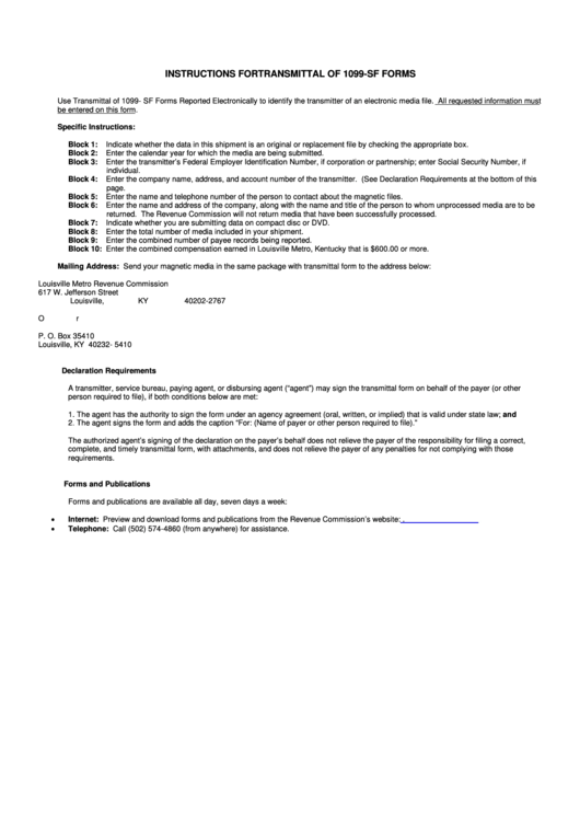 Instructions For Transmittal Of 1099-Sf Forms Printable pdf