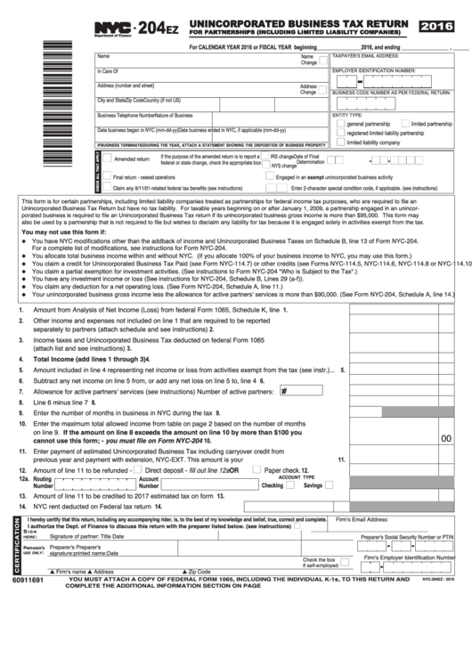 Form Nyc-204ez - Unincorporated Business Tax Return For Partnerships (Including Limited Liability Companies) - 2016 Printable pdf
