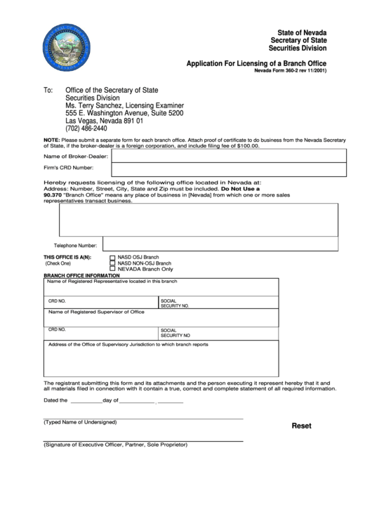 Fillable Application For Licensing Of A Branch Office - Nevada Secretary Of State Printable pdf