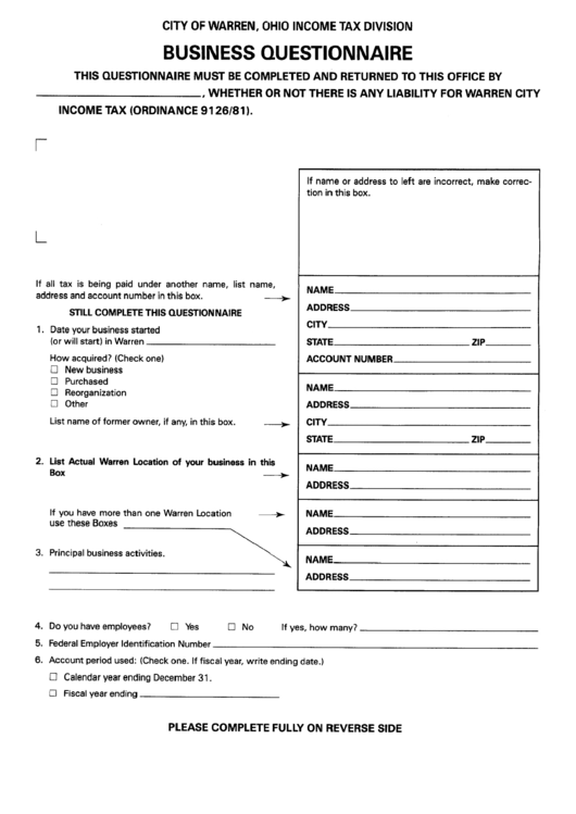 Business Questionnaire - City Of Warren Printable pdf