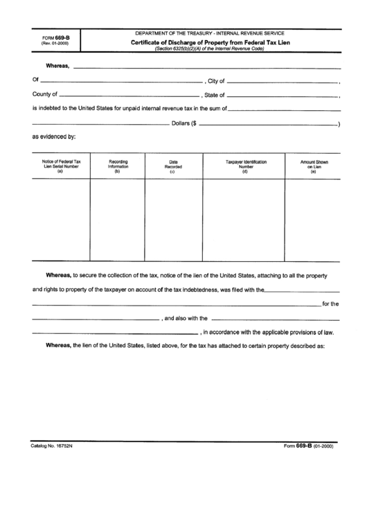 Form 669b - Certificate Of Discharge Of Property From Federal Tax Lien Printable pdf