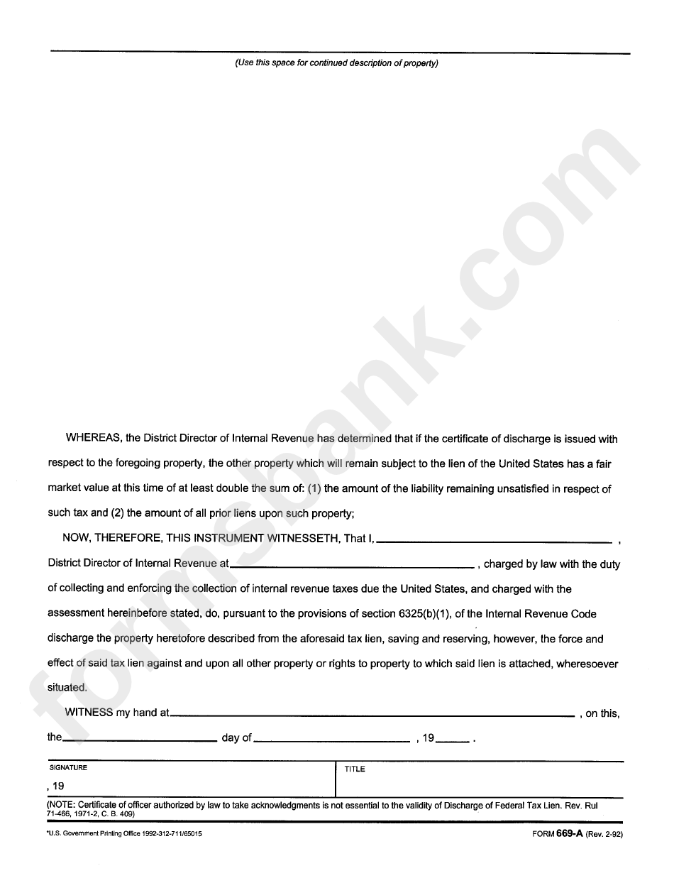 Form 669a - Certificate Of Discharge Of Property From Federal Tax Lien