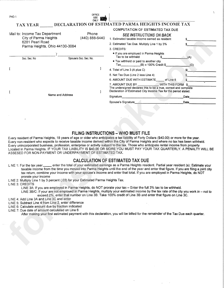 Form Phd-1 - Declaration Of Estimated Parma Heights Income Tax