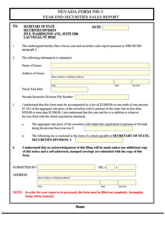 Fillable Form 500-3 - Year End Securities Sales Report Printable pdf