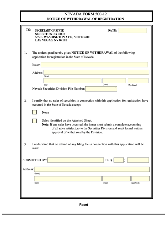 Fillable Form 500-12 - Notice Of Withdrawal Of Registration Printable pdf