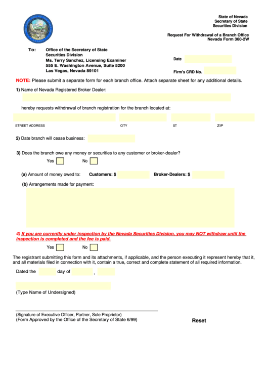 Fillable Request For Withdrawal Of A Branch Office Nevada Form 360-2w Printable pdf