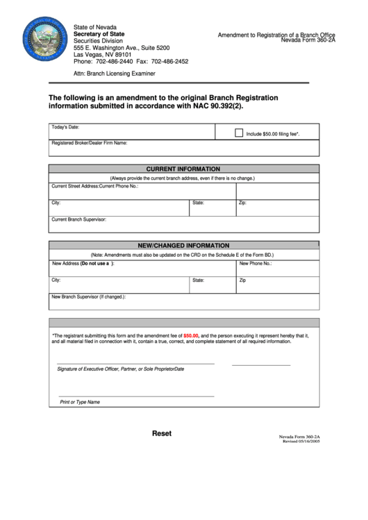 Fillable Form 360-2a - Amendment To Registration Of A Branch Office Printable pdf