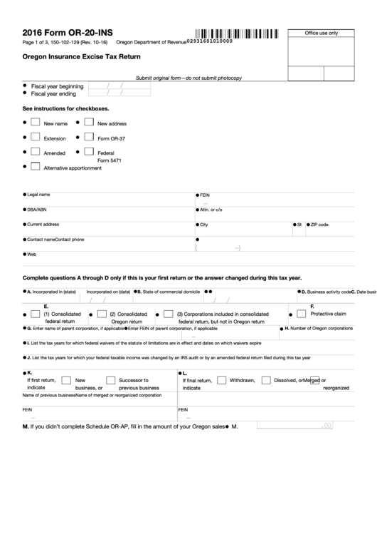 Fillable Form Or-20-Ins - Oregon Insurance Excise Tax Return - 2016 Printable pdf