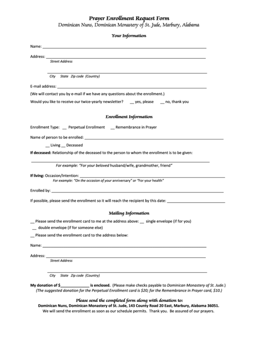 Prayer Enrollment Request Form Printable pdf