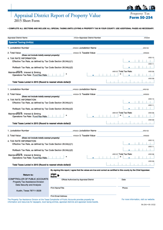 Fillable Form 50-254 - Appraisal District Report Of Property Value - 2015 Printable pdf