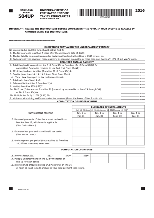 Fillable Maryland Form 504up Underpayment Of Estimated Tax By