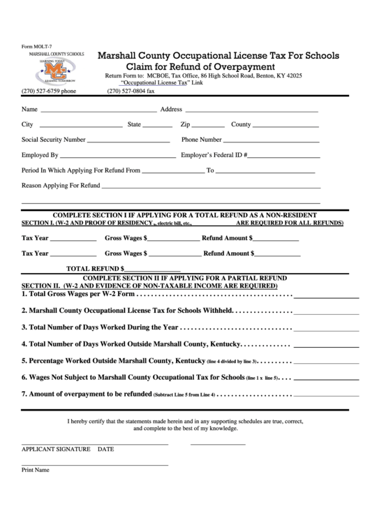 Form Molt-7 - Marshall County Occupational License Tax For Schools Claim For Refund Of Overpayment Printable pdf