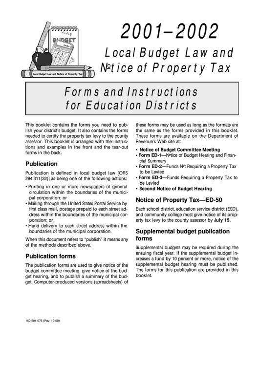 Forms And Instructions For Education Districts - 2001-2002 Local Budget Law And Notice Of Property Tax Printable pdf