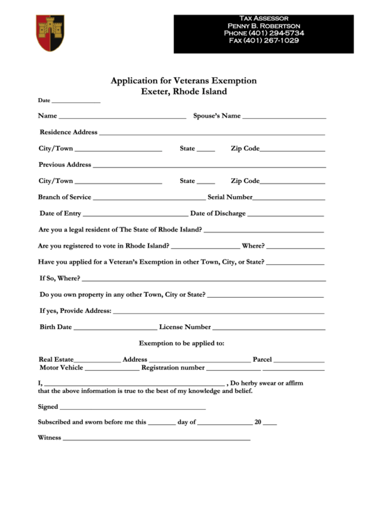 Application For Veterans Exemption Exeter, Rhode Island Printable pdf