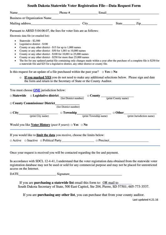 South Dakota Statewide Voter Registration File - Data Request Form