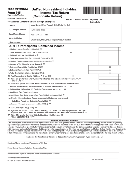 Fillable Form 765 - Unified Nonresidernt Individual Income Tax Return - 2016 Printable pdf