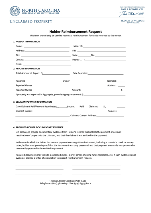 Holder Reimbursement Request Form - Unclaimed Property - North Carolina Department Of State Treasurer Printable pdf