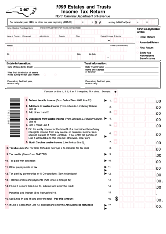 Form D-407 - Estates And Trusts Income Tax Return - 1999 Printable pdf
