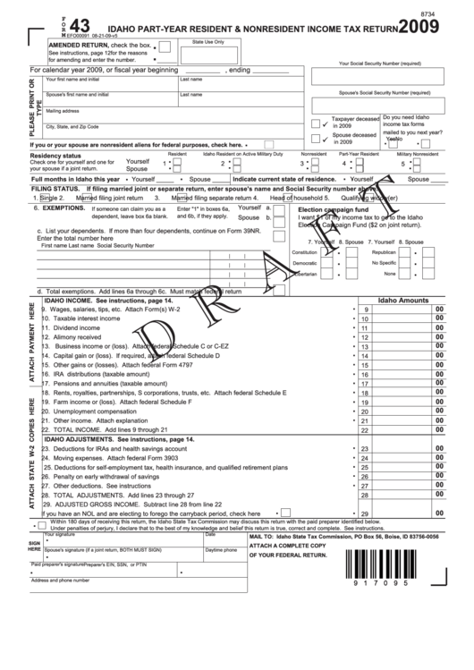 Form 43 Draft - Idaho Part-Year Resident & Nonresident Income Tax Return - 2009 Printable pdf