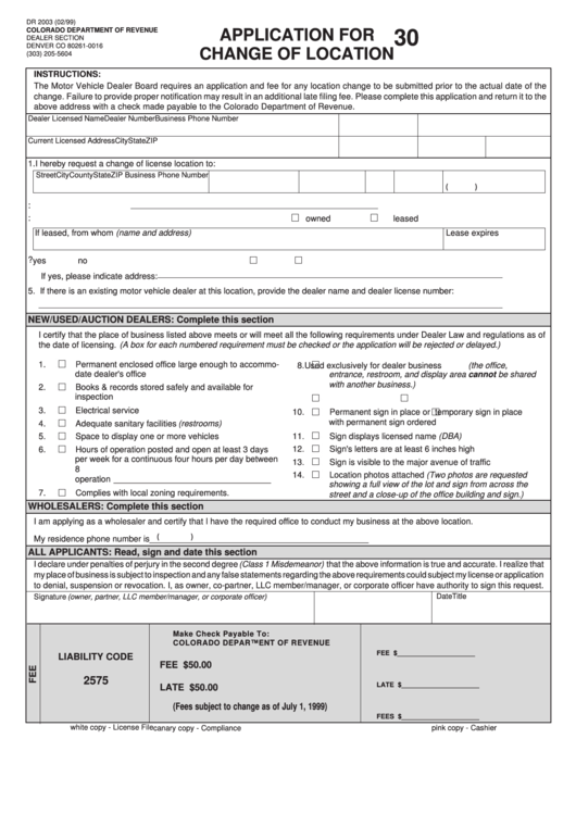 Form Dr 2003 - Application For Change Of Location - 1999 Printable pdf
