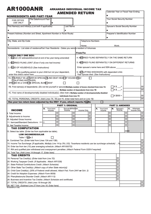Form Ar1000anr - Arkansas Individual Income Tax Amended Return Printable pdf