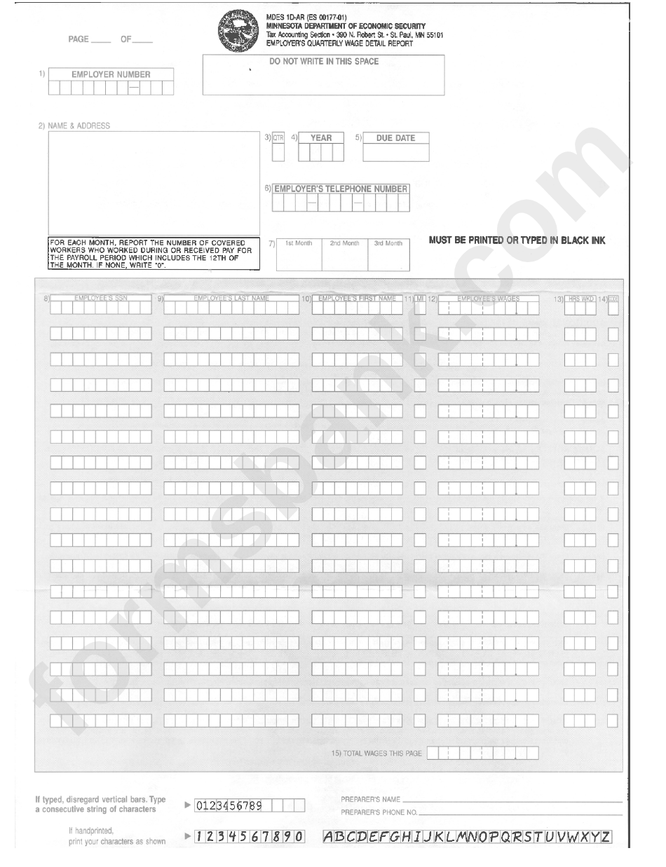 Form Mdes 1d-Ar - Employers Quarterly Wage Detail Report - Minnesota Departmenr Of Economic Secirity