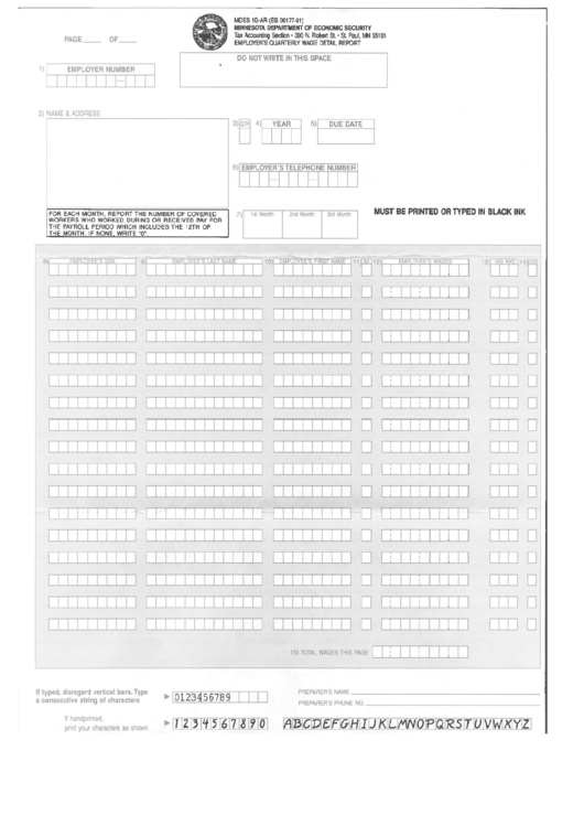 Form Mdes 1d-Ar - Employers Quarterly Wage Detail Report - Minnesota Departmenr Of Economic Secirity Printable pdf