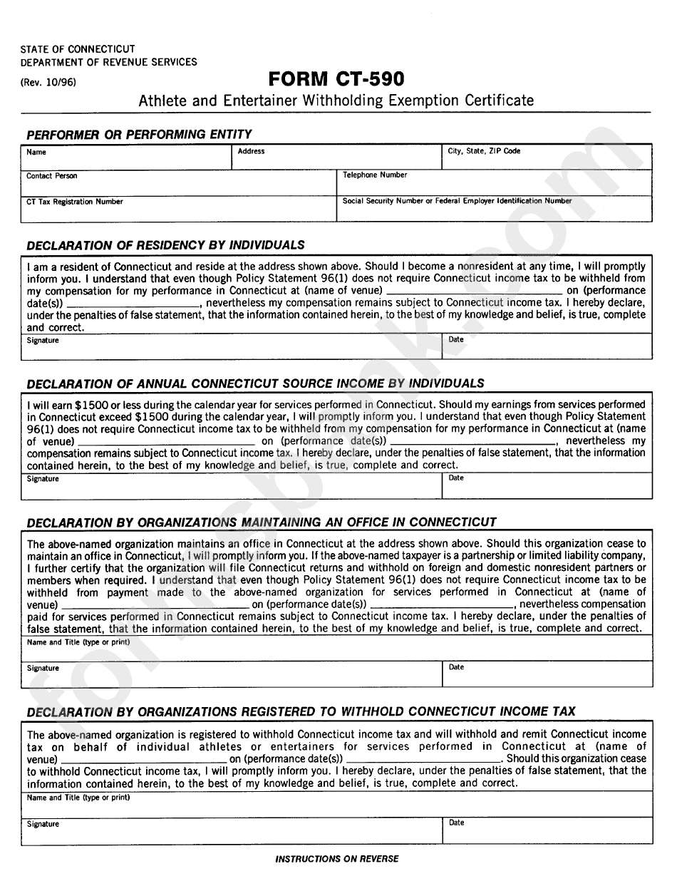 Form Ct-590 - Athlete And Entertainer Withholding Exemption Certificate
