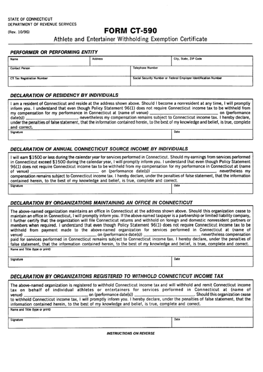 Fillable Form Ct-590 - Athlete And Entertainer Withholding Exemption Certificate Printable pdf