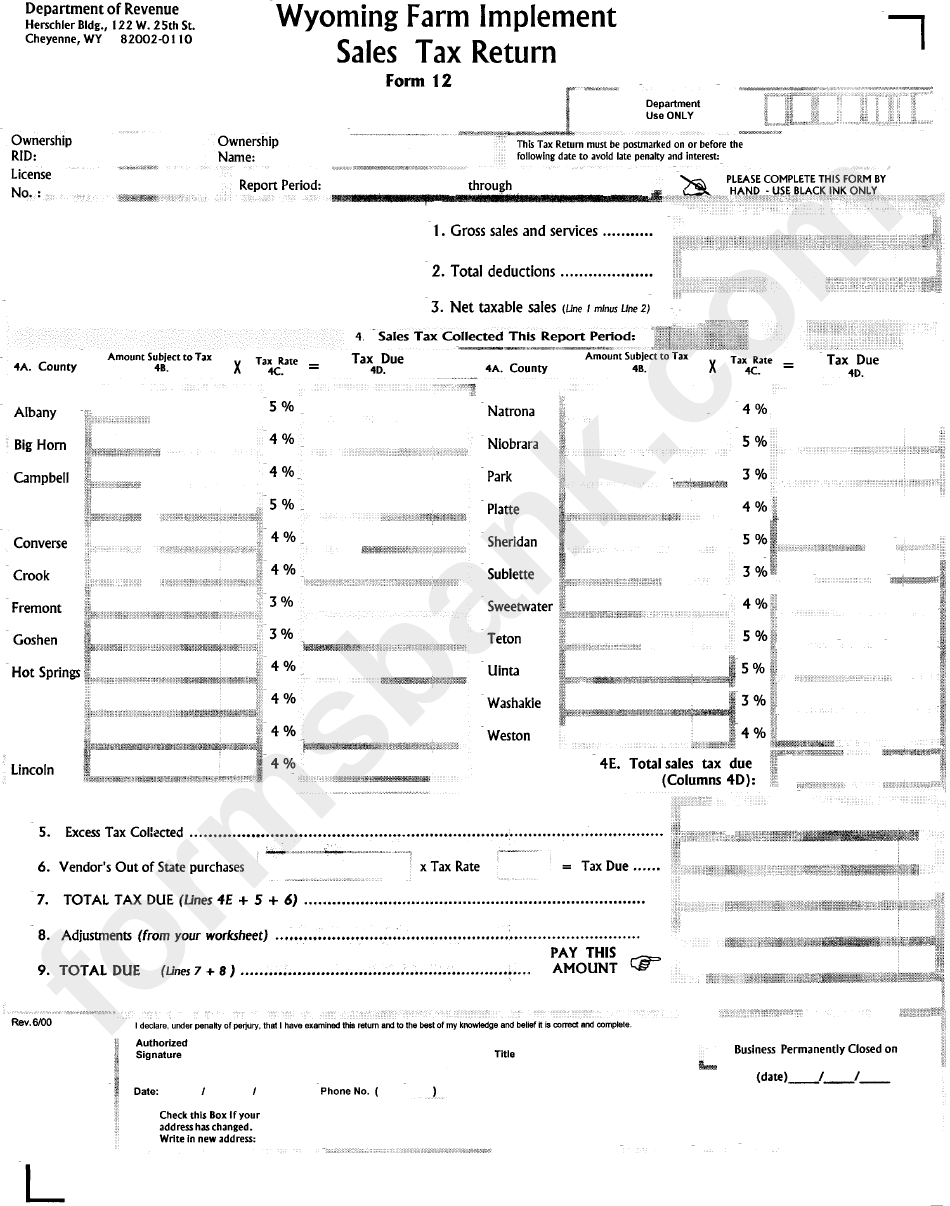 Form 12 - Wyoming Farm Implement Sales Tax Return