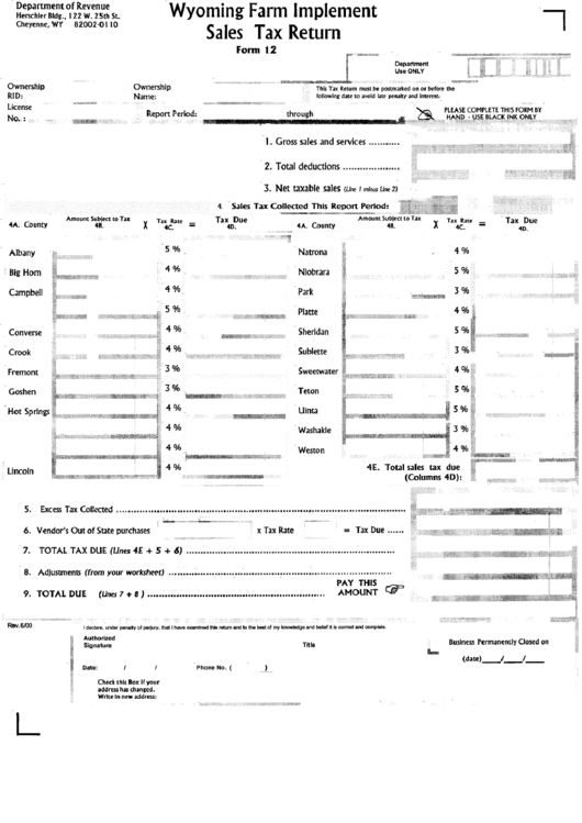 Form 12 - Wyoming Farm Implement Sales Tax Return Printable pdf