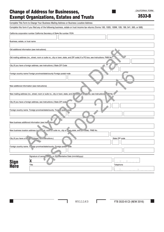 Form 3533-B Draft - Change Of Address For Businesses, Exempt Organizations, Estates And Trusts - 2016 Printable pdf